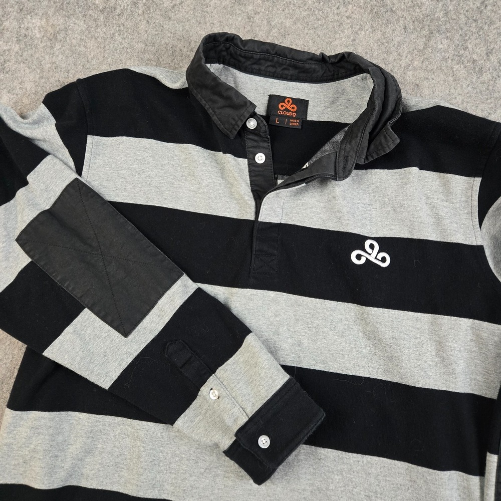 Cloud 9 Gaming Rugby Shirt Men's L‎ Black Gray Striped Polo Elbow Patch Skater - Picture 2 of 10